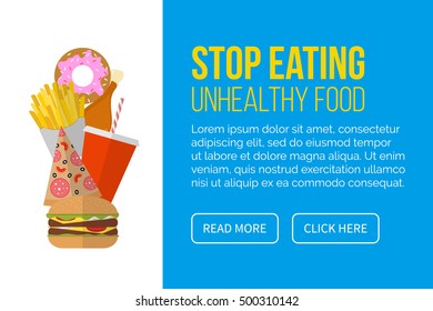 Stop eating unhealthy food - banner with set of junk food. Stop fast food for healthy life. Vector illustration