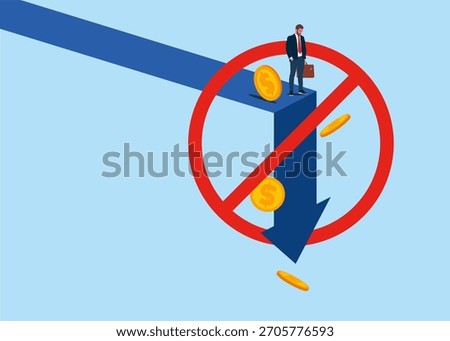 STOP Economy collapse. Arrow at red prohibition sign NO. Financial instability and stock market crash. Investor falling from stack of unstable money. Vector illustration.