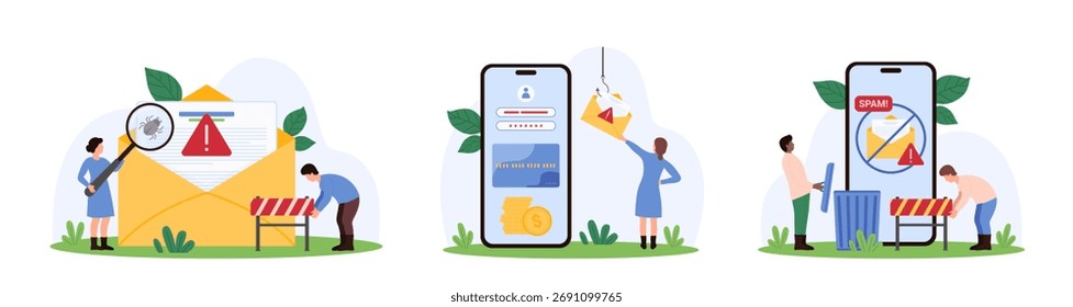Stop email spam, security system notification of phishing and fraud set. Tiny people remove newsletters, protect credit card from scam, look for bugs with magnifying glass cartoon vector illustration