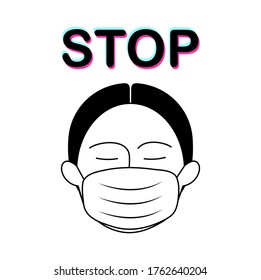 Stop and enter with a mask. No Mask No Entry Policy Sign. Masked Shop Entrance Illustration. Safety measures. (Covid-19 or Coronavirus)
