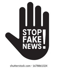 Stop Fake News Hand. Disinformation In The Media. Graphic Design Vector Illustration Typography, Black Symbol