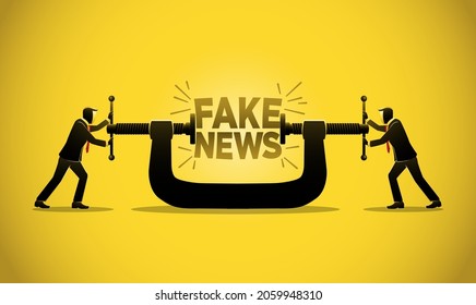 Stop Fake News And Misinformation Spreading On Internet And Media Concept, Businessmans Squeezing And Destroy The Word Fake News