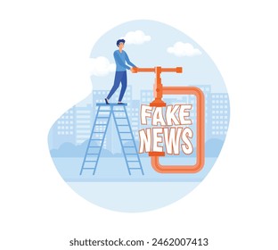 Stop fake news and misinformation spreading on internet and media concept, businessman leader squeezing and destroy the word fake news. flat vector modern illustration 