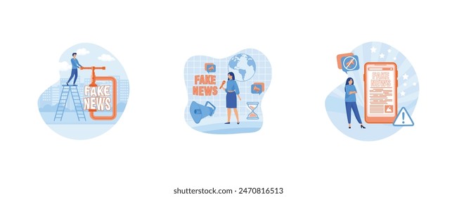 Stop fake news and misinformation spreading on internet and media concept. Misleading information. Fake news metaphors. Set flat vector modern illustration 