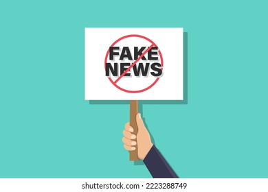 Detengan la falsa ilustración de diseño de vectores de noticias, las manos sujetan los paneles de aviso y detengan las noticias falsas