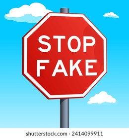 Stop Fake red road sign on blue sky background. Winner concept. Red colorful dice. Pop art style hand drawn color vector illustration.