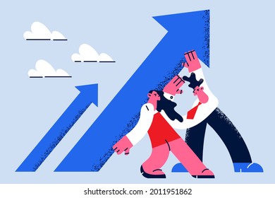 Stop falling and possibilities concept. Woman and man colleagues standing and pushing back falling arrows of development saving falling economy vector illustration