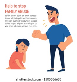 Stop Family Abuse vector illustration. Frightened child suffering from aggressive behavior. 