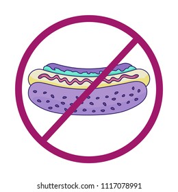 Stop fast food. Hot dog on isolated white background with stop symbol. Colored hotdog in pastel tones. Fast food concept.