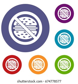 Stop fast food icons set in flat circle reb, blue and green color for web