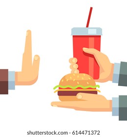 Stop fast food junk snacks vector concept with refusing hand. Fast food and soda beverage, illustration of fast food breakfast