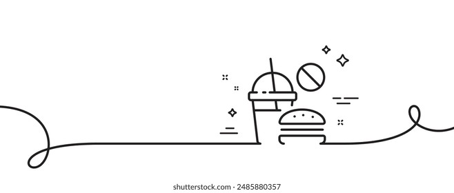 Stop Fast food line icon. Continuous one line with curl. Hamburger with soda drink sign. Unhealthy burger symbol. Fast food single outline ribbon. Loop curve pattern. Vector