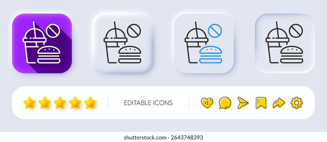 Stop Fast food line icon. Neumorphic, Flat shadow, 3d buttons. Hamburger with soda drink sign. Unhealthy burger symbol. Line fast food icon. Social media icons. Vector