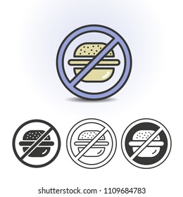 Stop fast food sign. No burger symbol. Contour line flat colored vector icon. Different variations for website or app infographics.