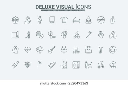 Stop fast food for weight control, sport, health checkup, and yoga meditation for balance thin black outline symbols vector illustration. Healthy habits, hygiene, lifestyle, and diet line icons set.