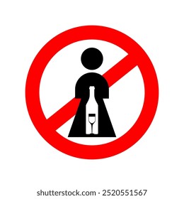 Stop Female alcoholisml. Red prohibition road sign. No Girl and alcohol bottle