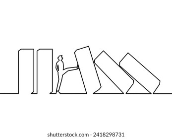 Stop the financial crisis. Businessman stops impact from falling domino pole