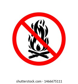 Stop fire icon, no open flame prohibition sign. Vector flat cartoon illustration of burning fire with wood isolated on white background for web, print, decoration, burning flame.