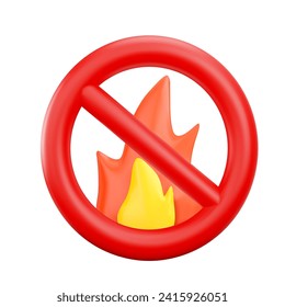 Parar fuego, icono volumétrico 3d, ilustración vectorial aislada en fondo blanco. Símbolo de prohibición, llama anaranjada tachada en círculo rojo. Imagen de caricatura con un efecto plástico realista. Icono de representación