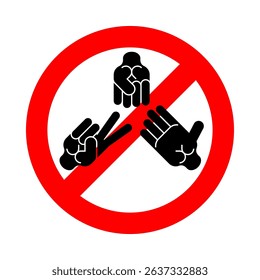 Stop fist game: rock, paper scissors. Ban Red prohibitory road sign