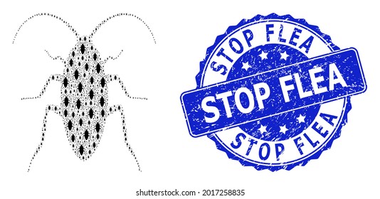 Parar el sello de goma de pulga y la cucaracha de colaje fractal vectorial. El sello azul tiene la leyenda Stop Flea en forma redonda. El collage de vectores se organiza a partir de iconos de cucarachas repetidas.