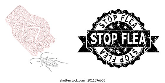 Stopp Flea Gummi Siegel Druck und Vektorkakerpunch-Modell. Schwarzes Siegel hat Stopp Flea Text in Band und Rosette. Abstrakter, flacher Maschen-Schabe, mit flachem Maschen.