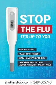 Stop the flu banner with medicine thermometer. Medical hand draw background