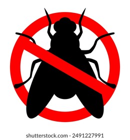 Señal de alto vuelo contra insectos. Ilustración vectorial de símbolo de advertencia con siluetas de plagas aisladas en blanco. Saneamiento, insecticida