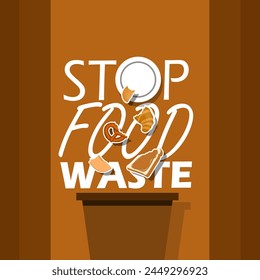 Stop Food Waste Day event banner. White plate throws leftover unfinished food into the trash on brown background to celebrate on April 26th