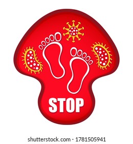 Stop foot nail fungus infection sign. Red mushroom with footprints and fungal bacteria in it. Concept mycosis, skin diseases of legs, derma treatment. Icon for antifungal agents packaging. Flat vector