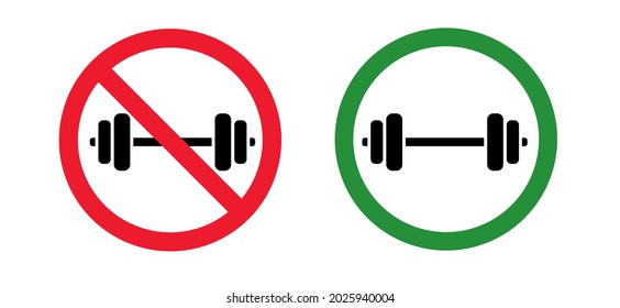 Stop, forbidden. Dumbbell fitness gym pictogram. Barbell icon. Bodybuilding sport concept. Flat vector sign. Fitness center, sport activity, muscle training. Gym workout, Body building. Halt, No ban