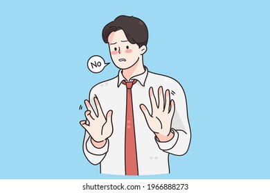 Stop, forbidden sign, refusal concept. Young frustrated handsome businessman wearing tie standing Moving away hands palms showing refusal and denial vector illustration 