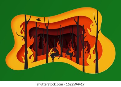 Stop forest fire poster for environment and ecology concept template background.Paper art of trees and wildlife burning in fire vector illustration.