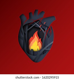 Stop forest fire poster template background.Paper art of heart shape with trees burning in fire vector illustration.