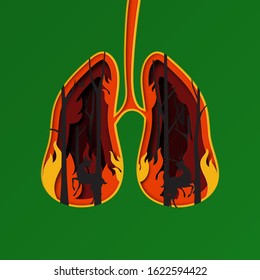 Stop forest fire poster template background.Paper art of lung shape with trees and wildlife burning in fire vector illustration.