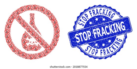 Stop Fracking corroded round seal imitation and vector fractal collage forbidden chemicals. Blue seal contains Stop Fracking title inside round shape.