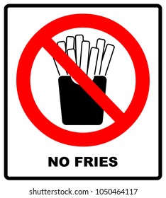 Stop French fries. Ban fatty fast food. Sliced potatoes in paper box. Emblem against eating. Red prohibition sign. Prohibited noxious meal