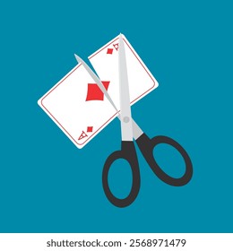 Stop gambling addiction. Scissors cutting a playing card. online casino ban, no gambling, prohibition. flat vector illustration