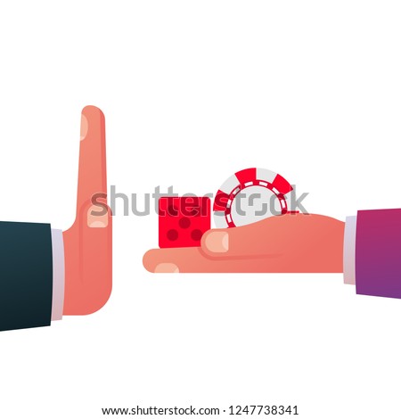 Stop gambling. Ban on illegal business. Game chips and game dice holding in hand. Hand gesture, rejection symbol. Vector illustration flat design. Isolated on white background.
