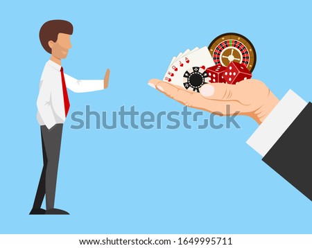 Stop gambling concept. No gamble addiction vector illustration. Ban on illegal business. Game chips and dice holding in hand, rejection gesture. Man refuse to gambles