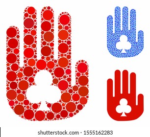 Stop gambling hand mosaic of filled circles in various sizes and color tinges, based on stop gambling hand icon. Vector filled circles are grouped into blue illustration.