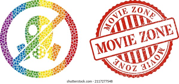 Stop gasmask mosaic icon of filled circles in different sizes and rainbow colored color tones. Red round rubber watermark with Movie Zone phrase. A dotted LGBT- colored stop gasmask for lesbians,