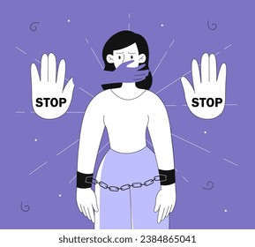 Beenden Sie das Konzept der geschlechtsspezifischen Gewalt. Frauen mit geschlossenem Mund und Handschellen. Feminismus und Schwesternschaft. Einheit und Toleranz. Lineare flache Vektorgrafik einzeln auf violettem Hintergrund