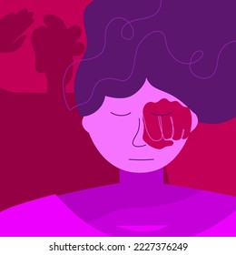 STOP gender violenc vector illustration. Women have bruise on face and want to stop violenc. Female body is freedom. Gender based violence, NO GBV. 