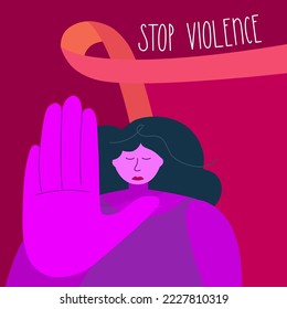 STOP gender violenc vector illustration. Women want to stop violenc, orange ribbon. Female body is freedom. Gender based violence, NO GBV. 