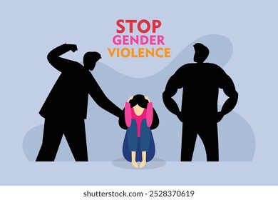Stop Gender Violence Awareness Illustration with Silhouettes and Empowerment Message 2d flat vector illustration