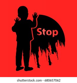 Stop gently children violence. Logo. Illustration for your design. The boy is silhouetted with the text and the circle. On a bloody background