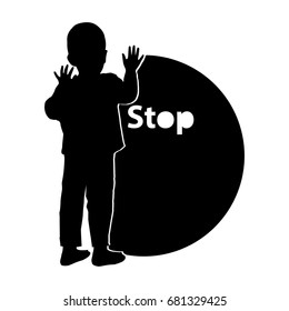 Stop gently children violence. Logo. Illustration for your design. The boy is silhouetted with the text and the circle. Monochrome