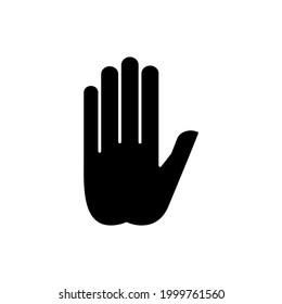 Stop gesture black glyph icon. Prohibition of something. Palm of a hand with five fingers. Strict ban on certain action. Silhouette symbol on white space. Vector isolated illustration