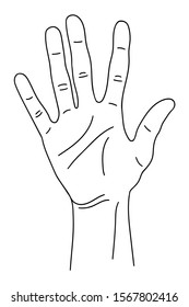 Stop gesture in the form of five fingers raised upward. The hand shows the number five on the fingers. Isolated black and white pattern. Illustration for the site, educational cards, children s books